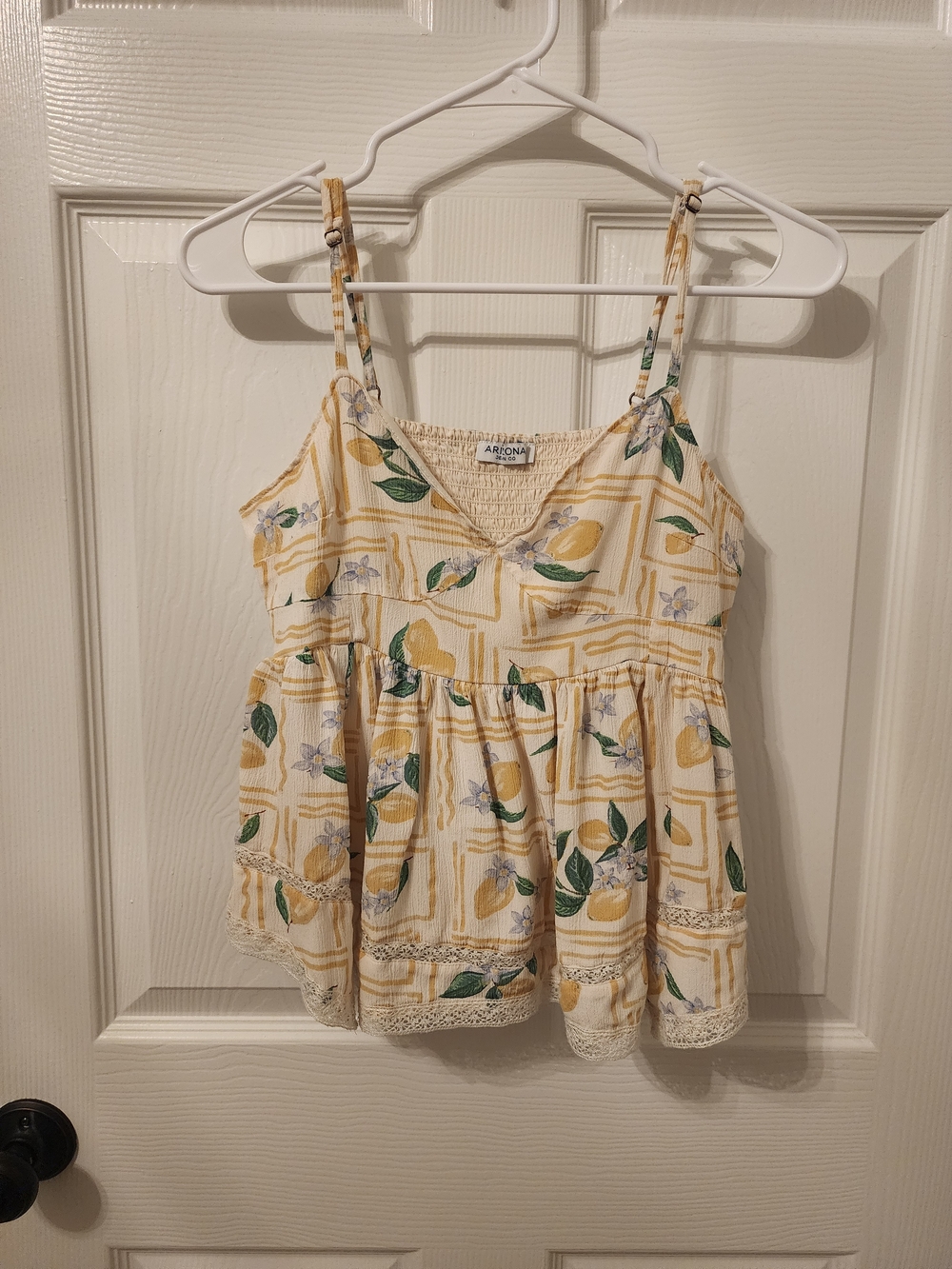 Arizona Jean Company Lemon Print Cream & Green Spaghetti-Strap Top